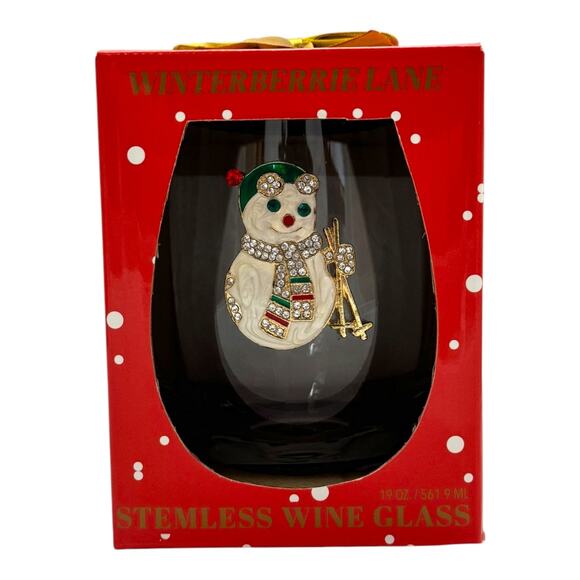 Winterberrie Lane Stemless Wine Glass Rhinestone Ski Snowman - Picture 1 of 6
